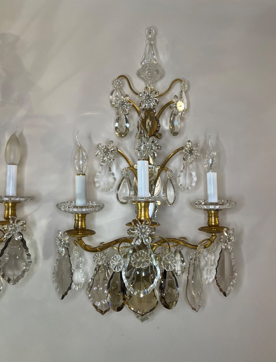 Large Pair Of 3-light Bronze And Crystal Wall Lights -photo-3