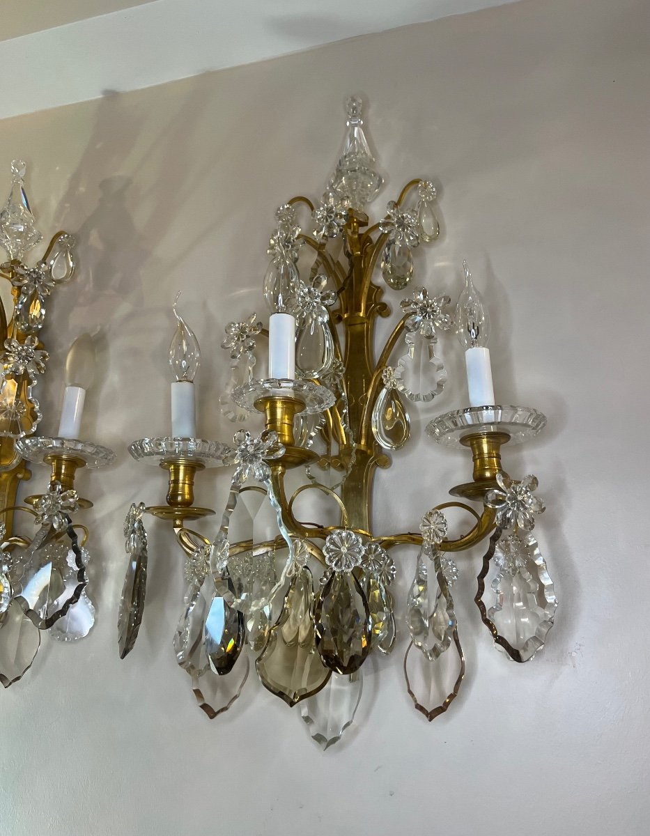 Large Pair Of 3-light Bronze And Crystal Wall Lights -photo-4