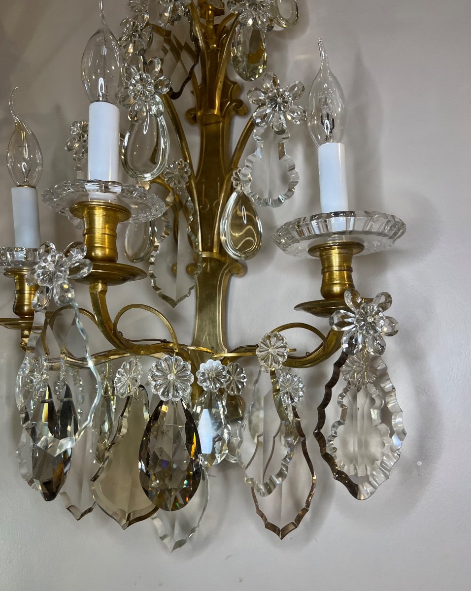 Large Pair Of 3-light Bronze And Crystal Wall Lights -photo-1