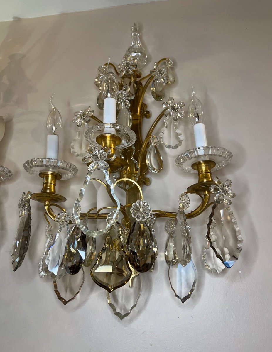 Large Pair Of 3-light Bronze And Crystal Wall Lights -photo-5