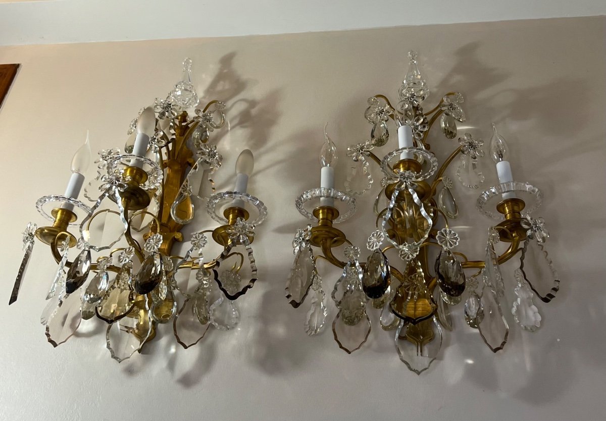 Large Pair Of 3-light Bronze And Crystal Wall Lights -photo-6