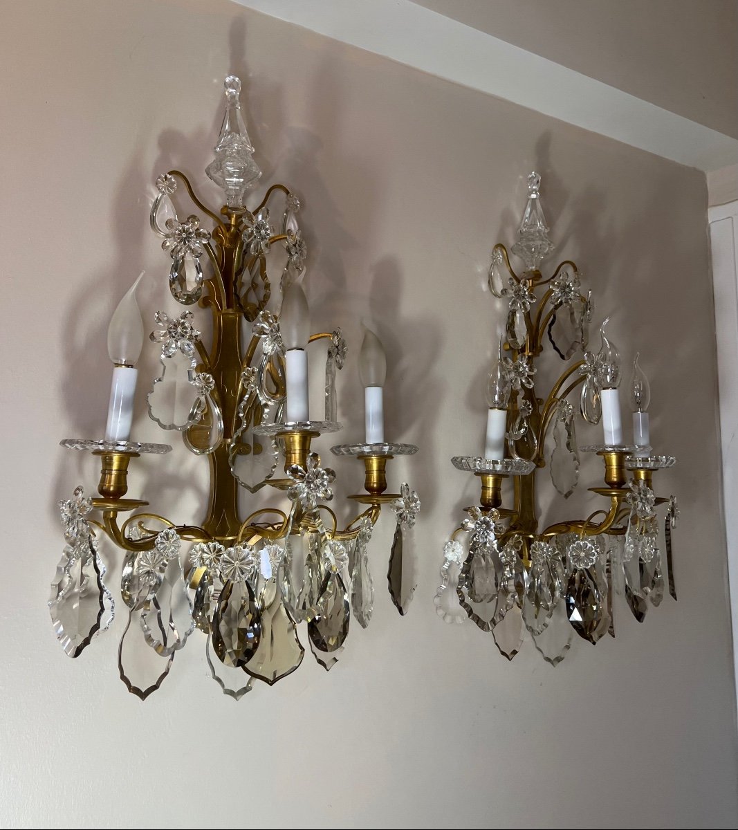 Large Pair Of 3-light Bronze And Crystal Wall Lights -photo-7