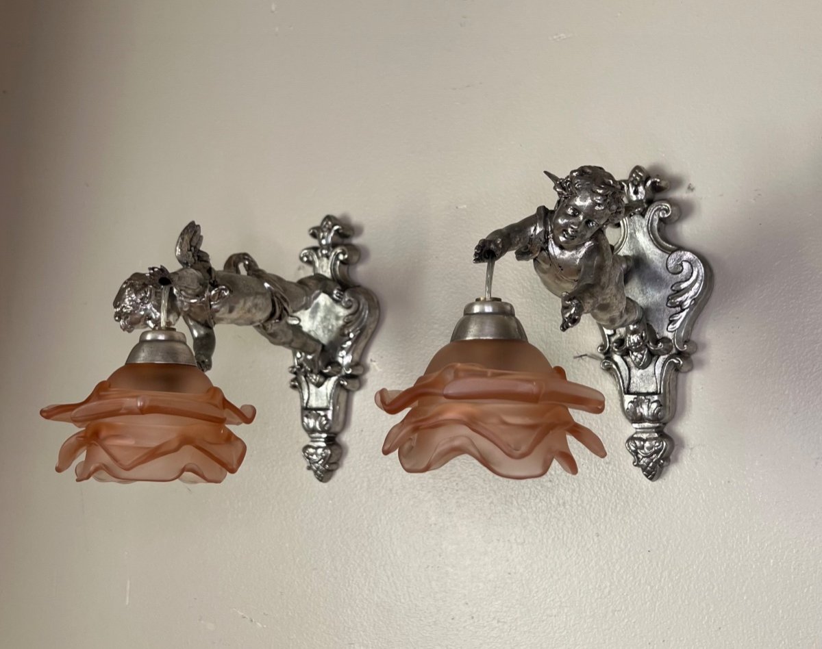 Pair Of Wall Lights, Cherubs, Angels, Silver-photo-3