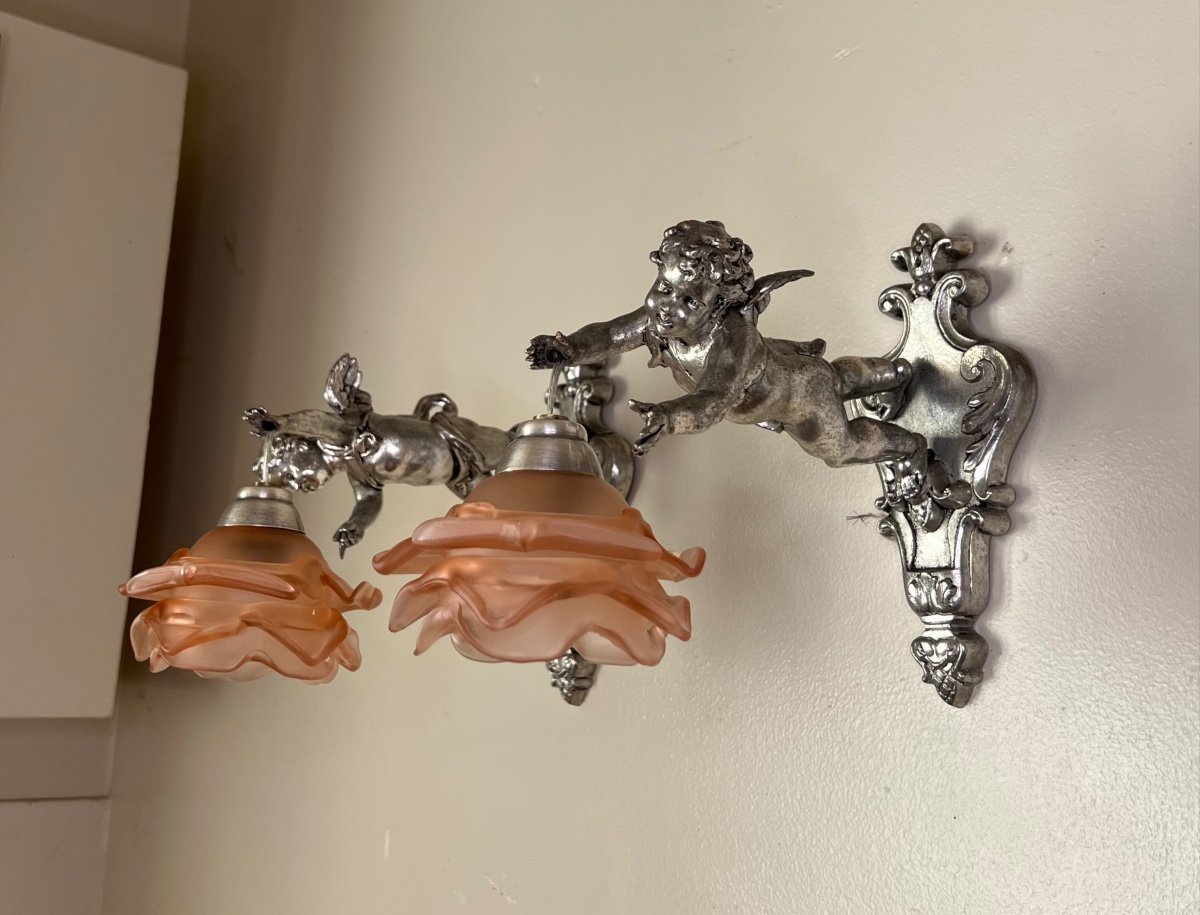 Pair Of Wall Lights, Cherubs, Angels, Silver-photo-4