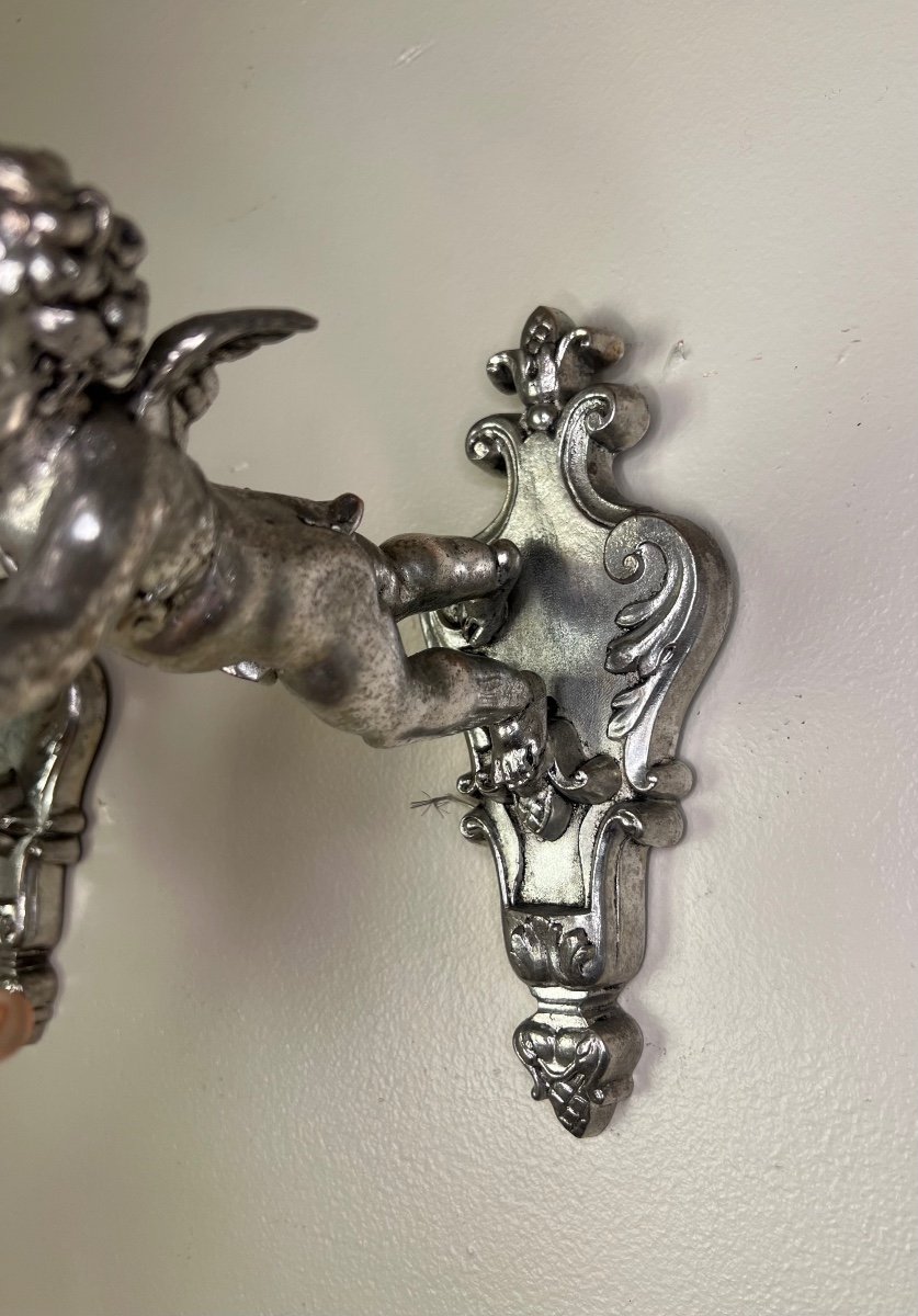 Pair Of Wall Lights, Cherubs, Angels, Silver-photo-1