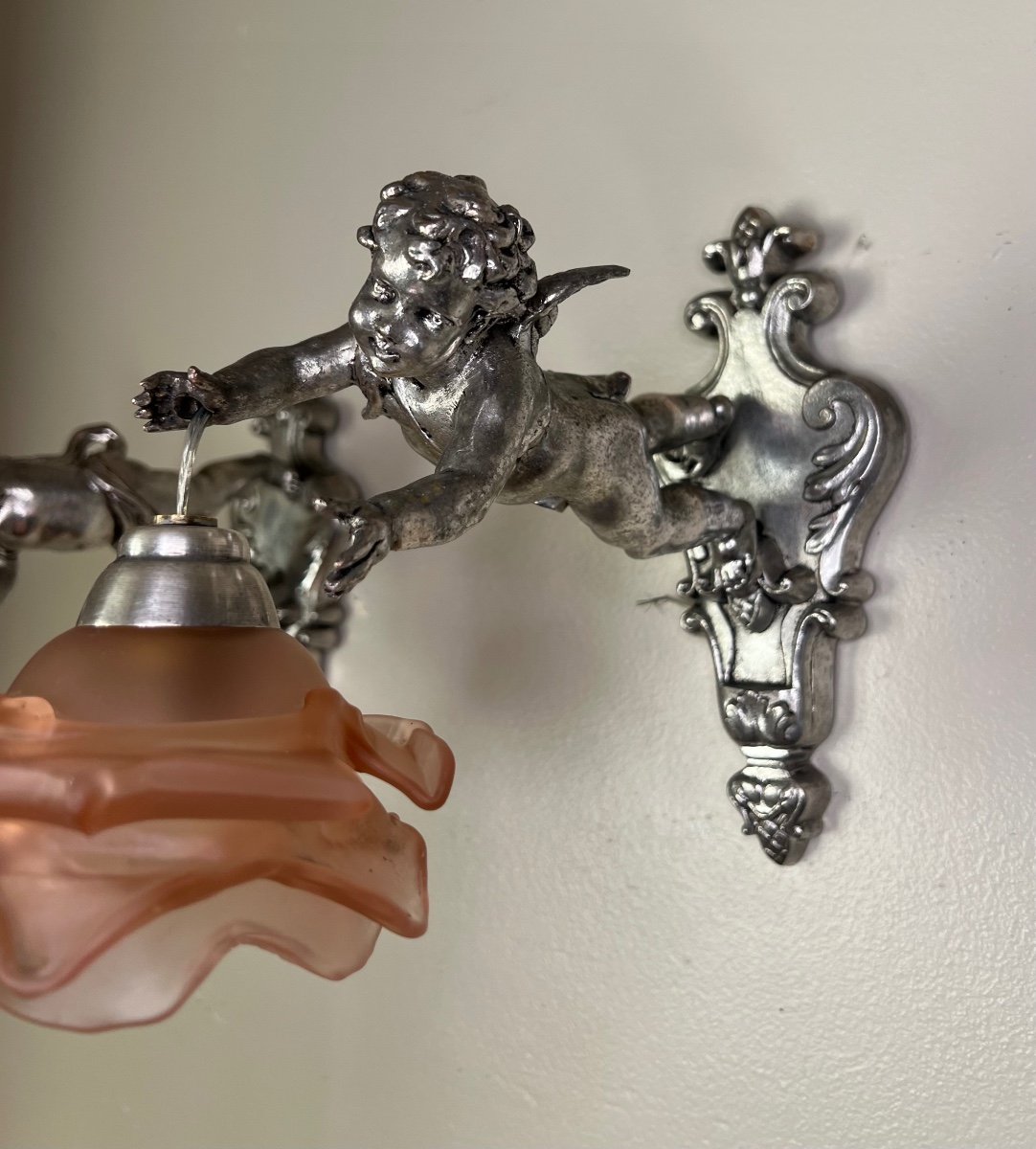 Pair Of Wall Lights, Cherubs, Angels, Silver-photo-2