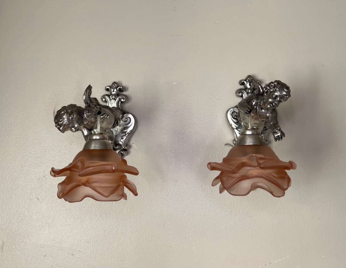 Pair Of Wall Lights, Cherubs, Angels, Silver-photo-5