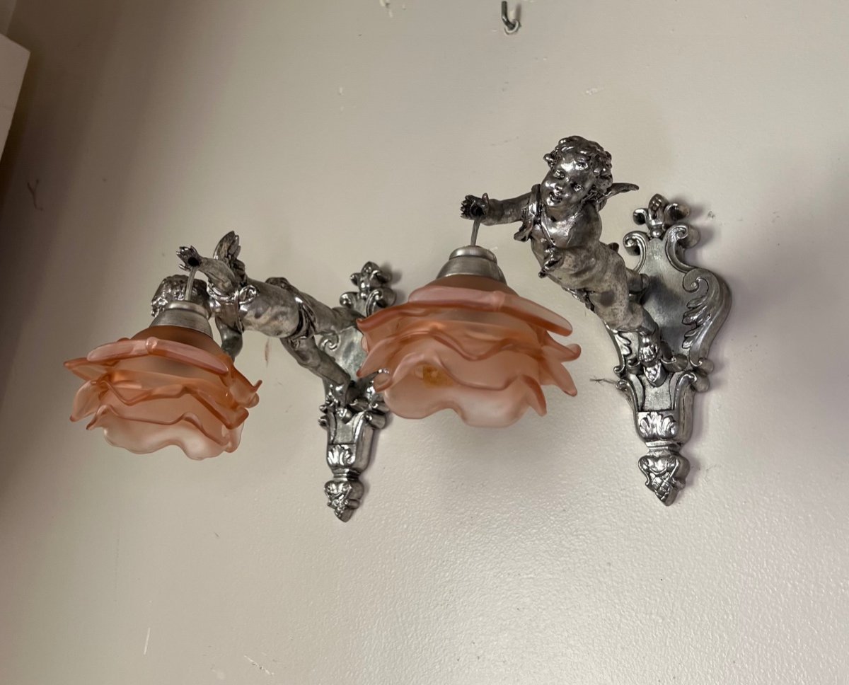 Pair Of Wall Lights, Cherubs, Angels, Silver-photo-6