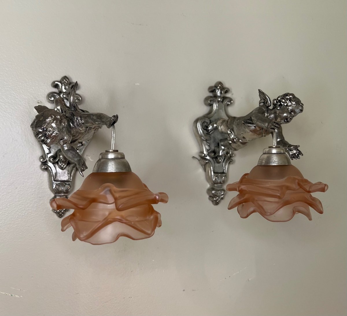 Pair Of Wall Lights, Cherubs, Angels, Silver-photo-7