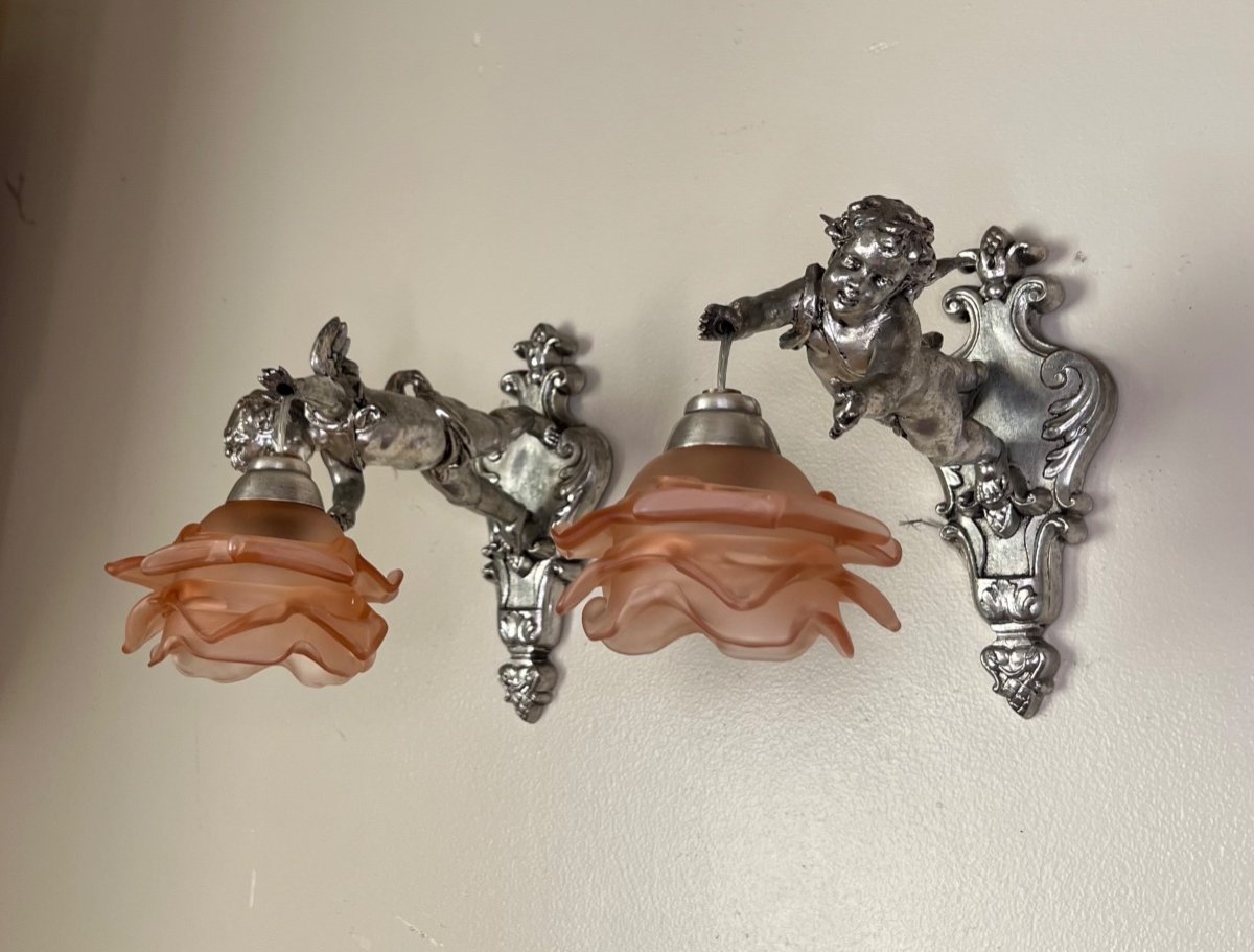 Pair Of Wall Lights, Cherubs, Angels, Silver