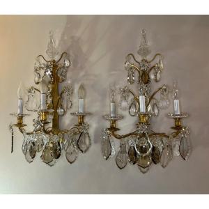 Large Pair Of 3-light Bronze And Crystal Wall Lights 