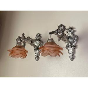 Pair Of Wall Lights, Cherubs, Angels, Silver