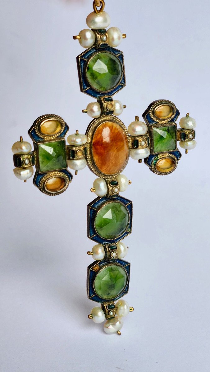 Large 19th Century Cross Pendant Enamelled And Set With Stones And Pearls