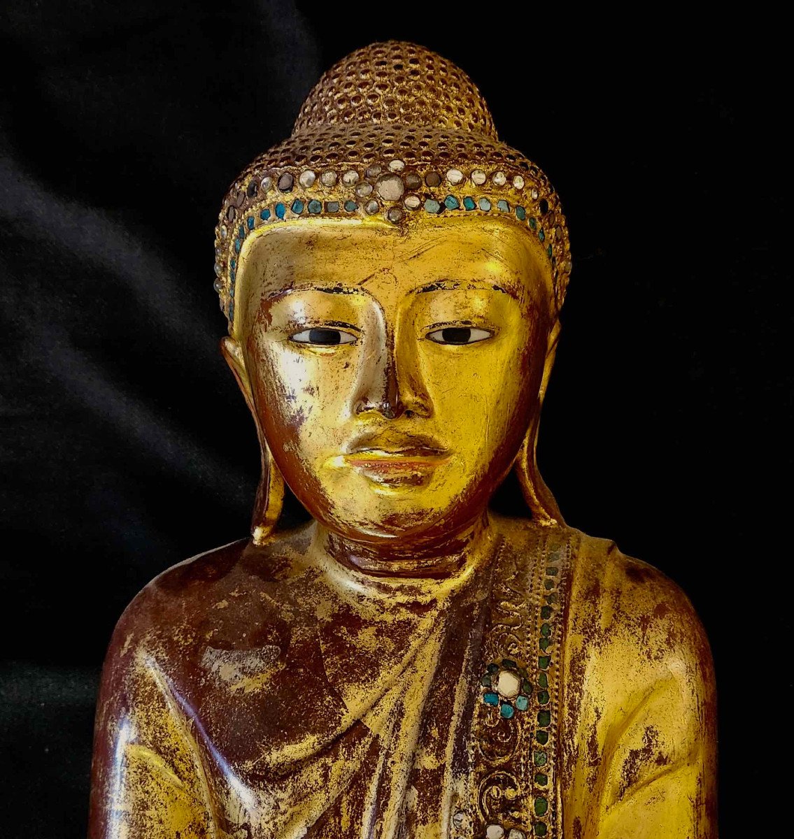 Birmanie Beau Et Grand Bouddha En Bois Polychrome Doré-photo-2