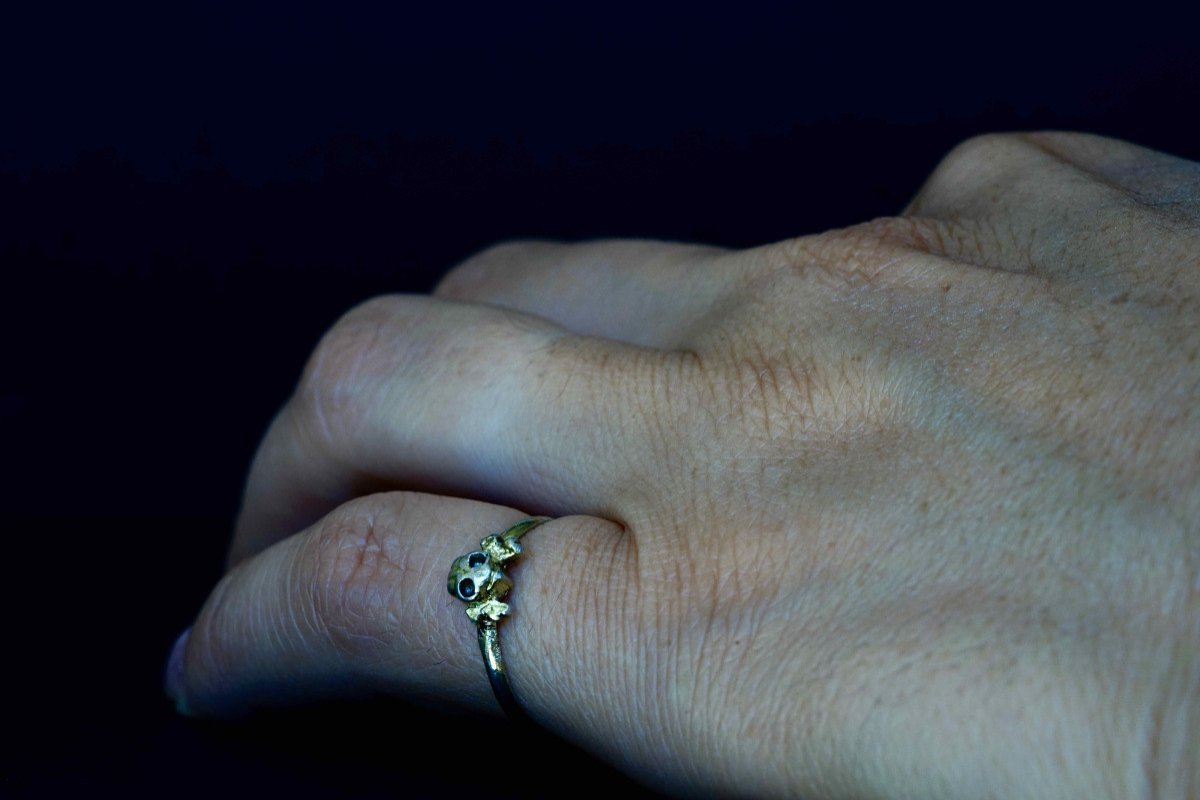 Superbe et rare bague Memento Mori du 17e : Mort / Crâne / Vanité-photo-4