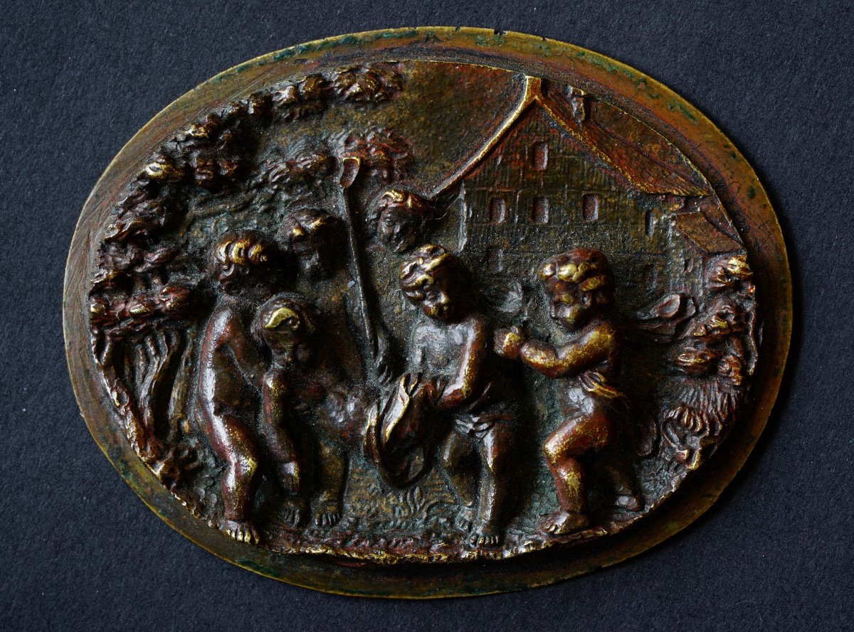 Bronze Plaque Putti Bacchanal Scene