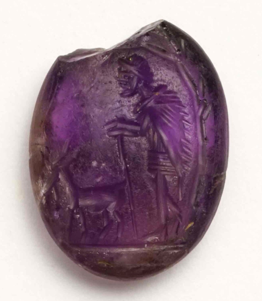 Beautiful Roman Intaglio On Amethyst: Shepherd (faustulus) And Goat 