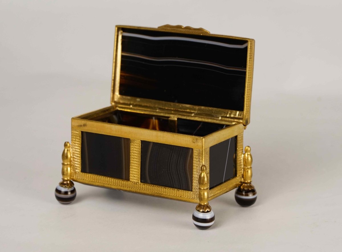 Little Gilded Brass Box Decorated With Black Agate / Onyx Plaques. 