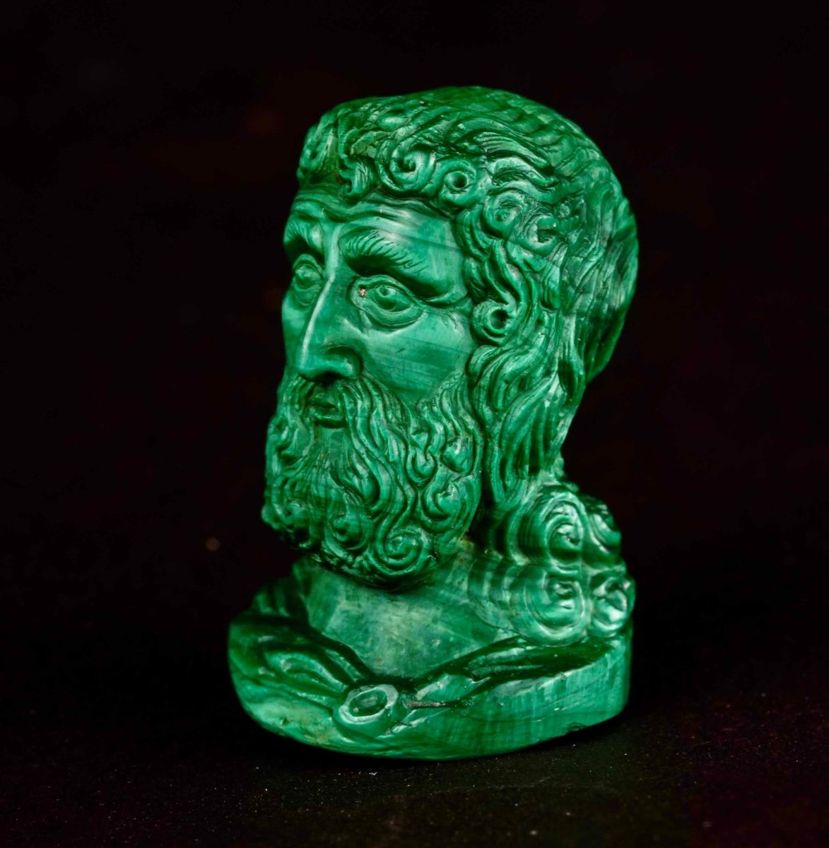 Bust Of A Philosopher In Malachite Carved In The Round. 