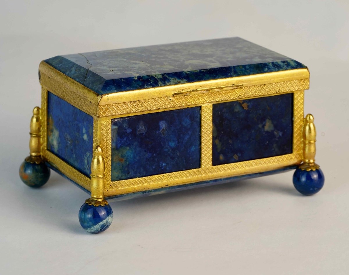 Small Box / Casket In Gilded Brass Decorated With Blue Agate / Onyx Plates-photo-2