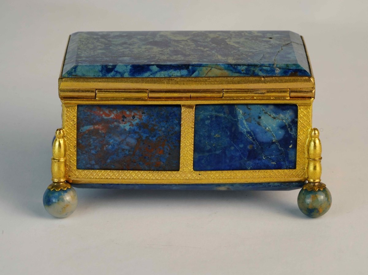 Small Box / Casket In Gilded Brass Decorated With Blue Agate / Onyx Plates-photo-3