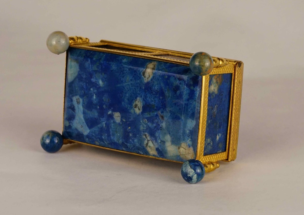 Small Box / Casket In Gilded Brass Decorated With Blue Agate / Onyx Plates-photo-4