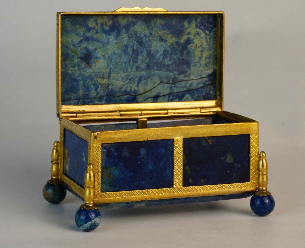 Small Box / Casket In Gilded Brass Decorated With Blue Agate / Onyx Plates