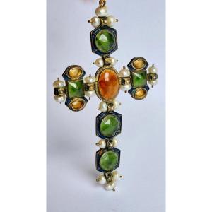 Large 19th Century Cross Pendant Enamelled And Set With Stones And Pearls