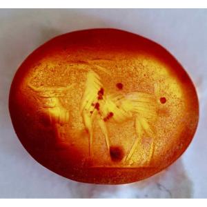 Roman Intaglio On Carnelian: Antelope In Front Of A Cantharus 