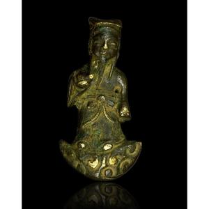 China Bronze : Taoist Holding The Peach Of Immortality.  Ming Period - 16th C.