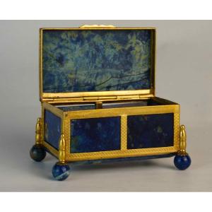 Small Box / Casket In Gilded Brass Decorated With Blue Agate / Onyx Plates