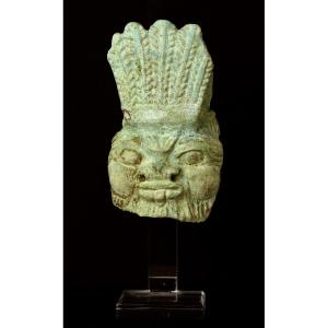 Ancient Egypt: Head Of The God Bes In Blue Glazed Earthenware 