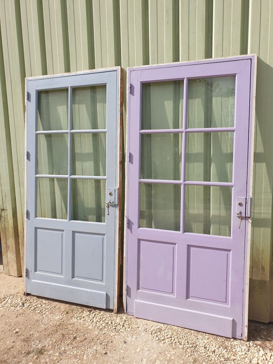 Pair Of Colored Glass Doors With Their Frame - 1960s