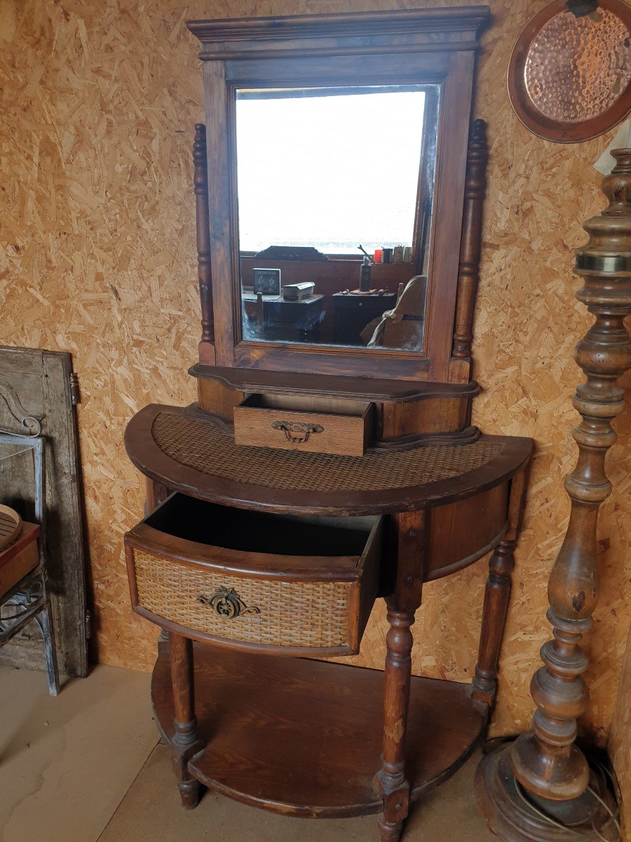 Elegant Rounded Dressing Table In Pine And Rattan - 20th Century-photo-4