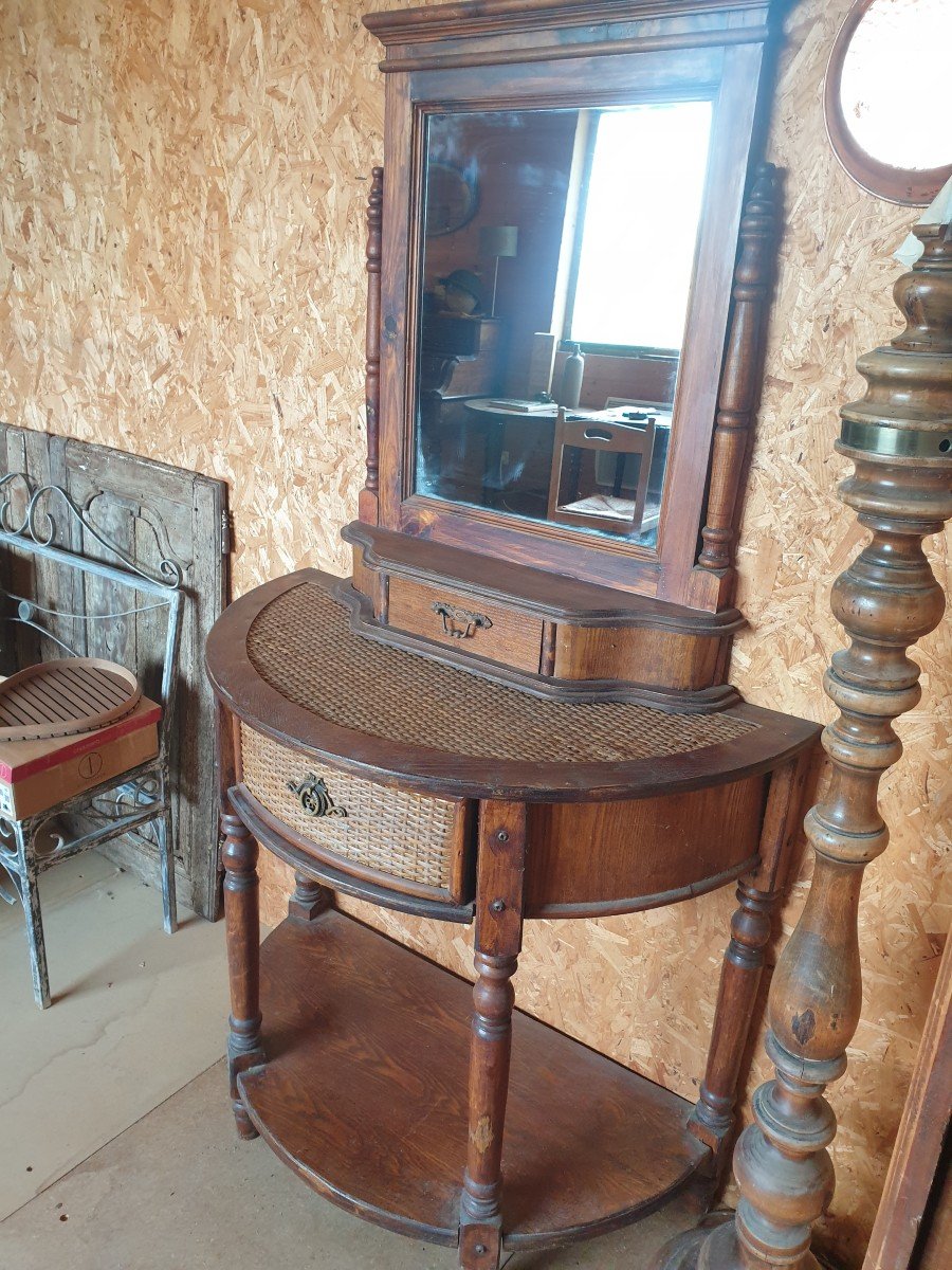 Elegant Rounded Dressing Table In Pine And Rattan - 20th Century-photo-1