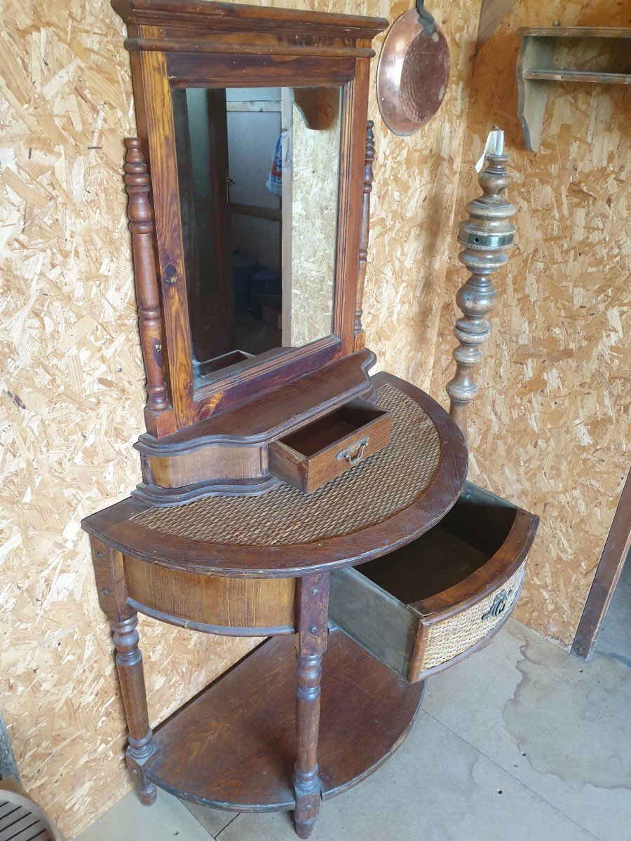 Elegant Rounded Dressing Table In Pine And Rattan - 20th Century-photo-4