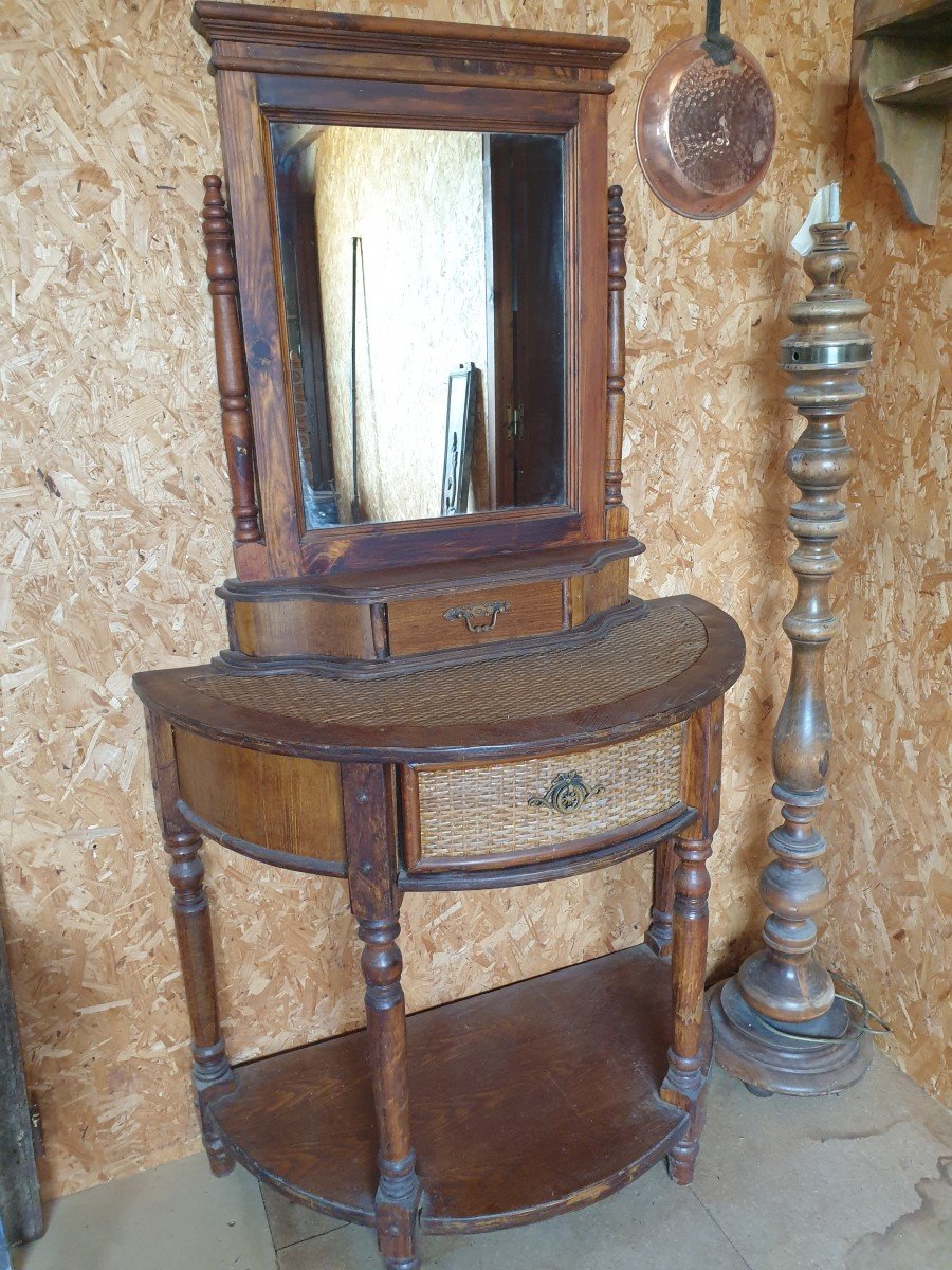 Elegant Rounded Dressing Table In Pine And Rattan - 20th Century