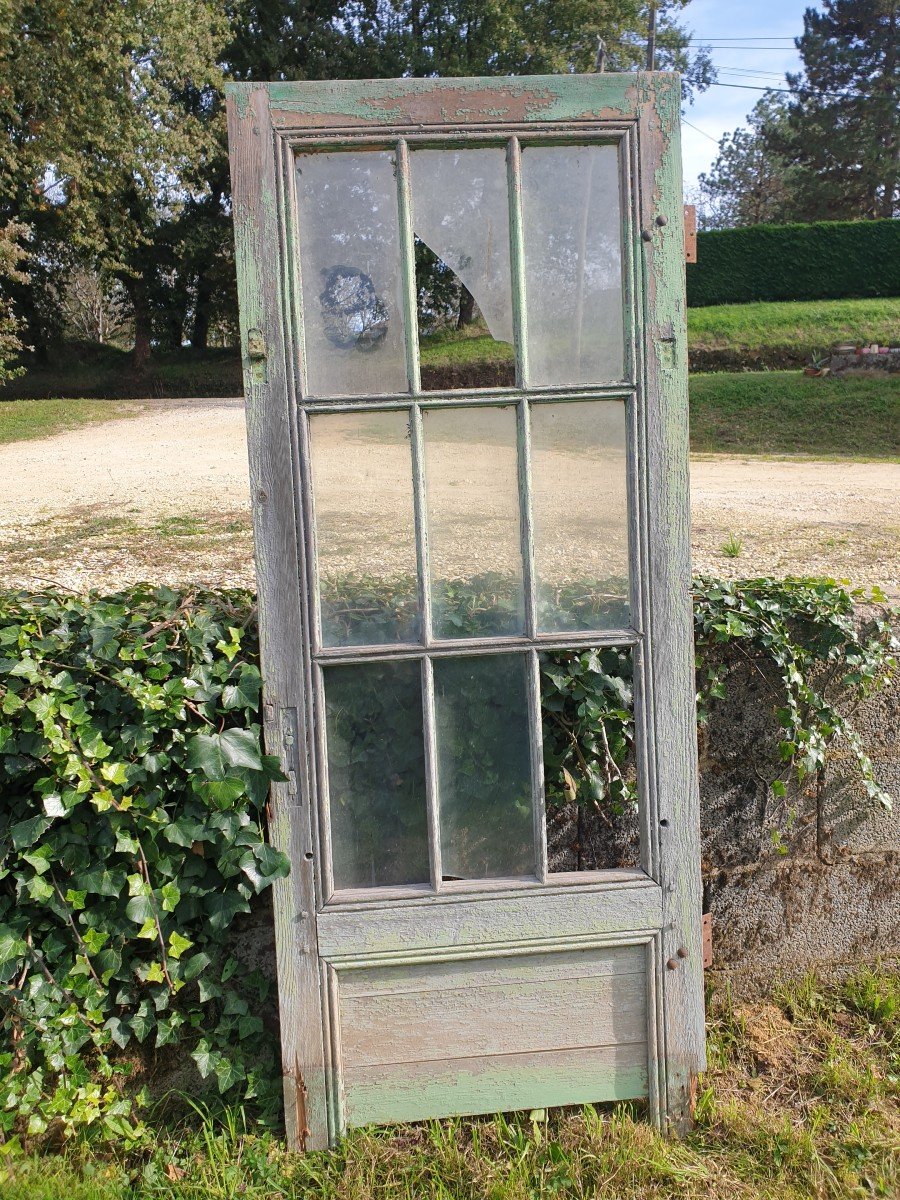 Porte Vitrée Rustique 9 Carreaux Avec Moulures Généreuses - XIXème