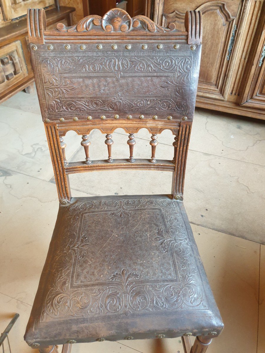 Set Of 4 Chairs In Embossed Leather - 19th Century - Henri II Style-photo-2