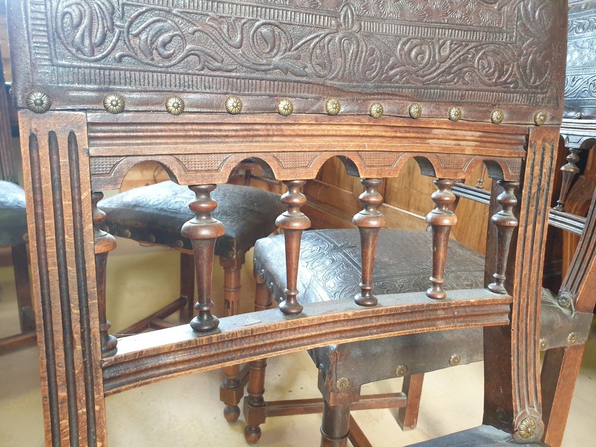 Set Of 4 Chairs In Embossed Leather - 19th Century - Henri II Style-photo-3