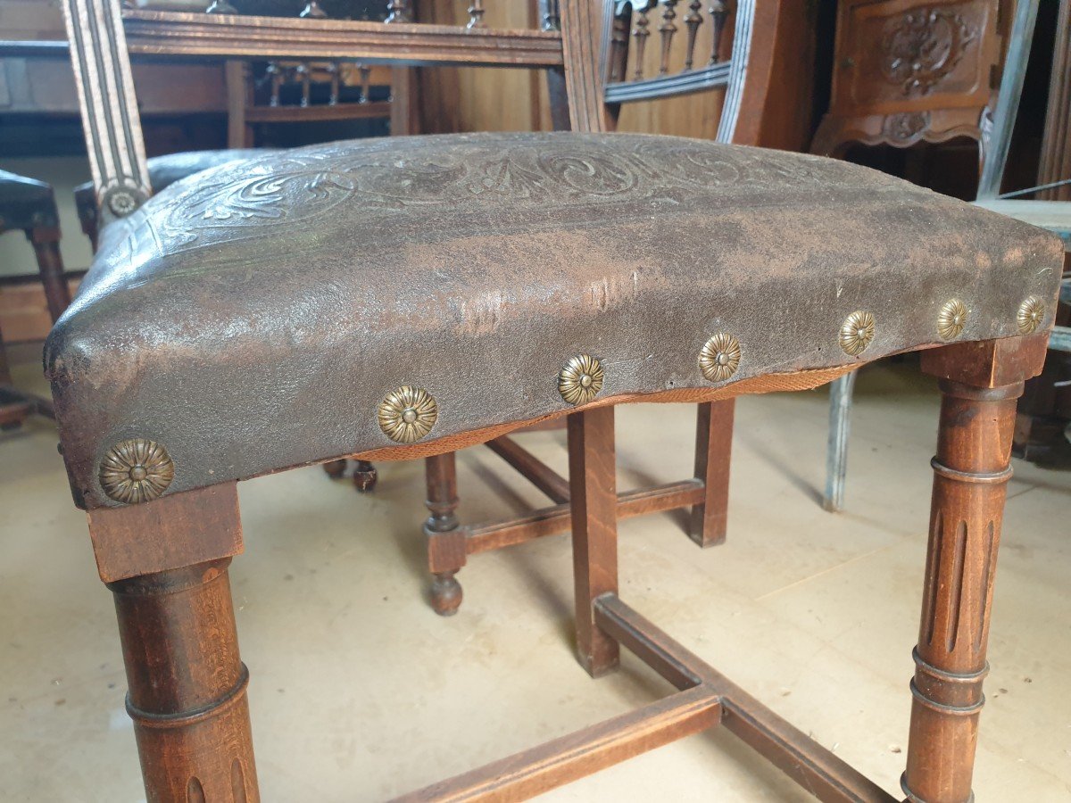 Set Of 4 Chairs In Embossed Leather - 19th Century - Henri II Style-photo-4