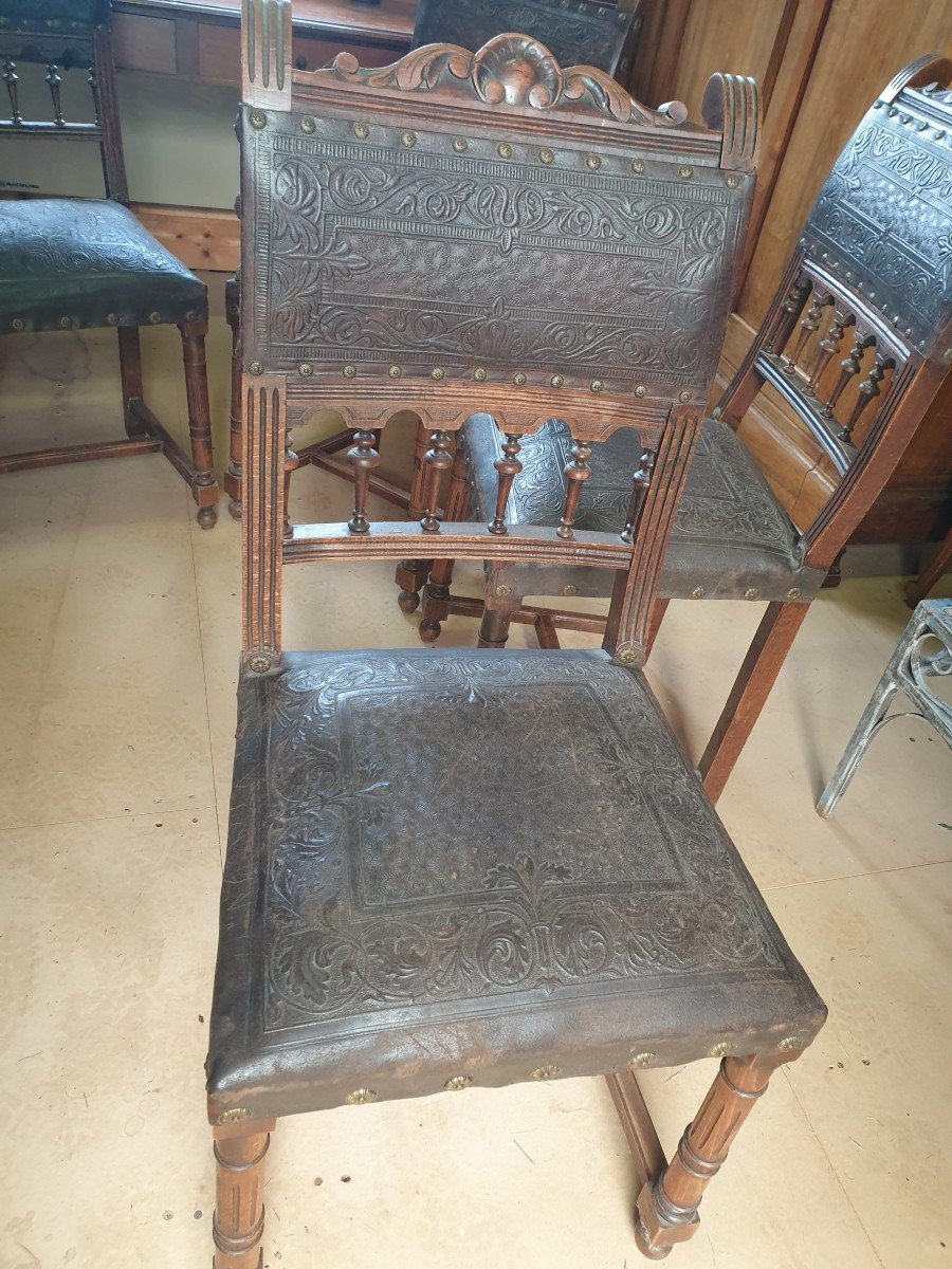 Set Of 4 Chairs In Embossed Leather - 19th Century - Henri II Style-photo-5