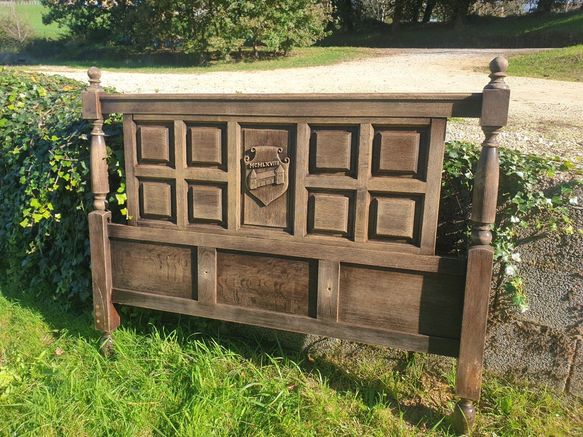 Woodwork - Oak Headboard With Carved And Dated Pattern - 20th Century-photo-3