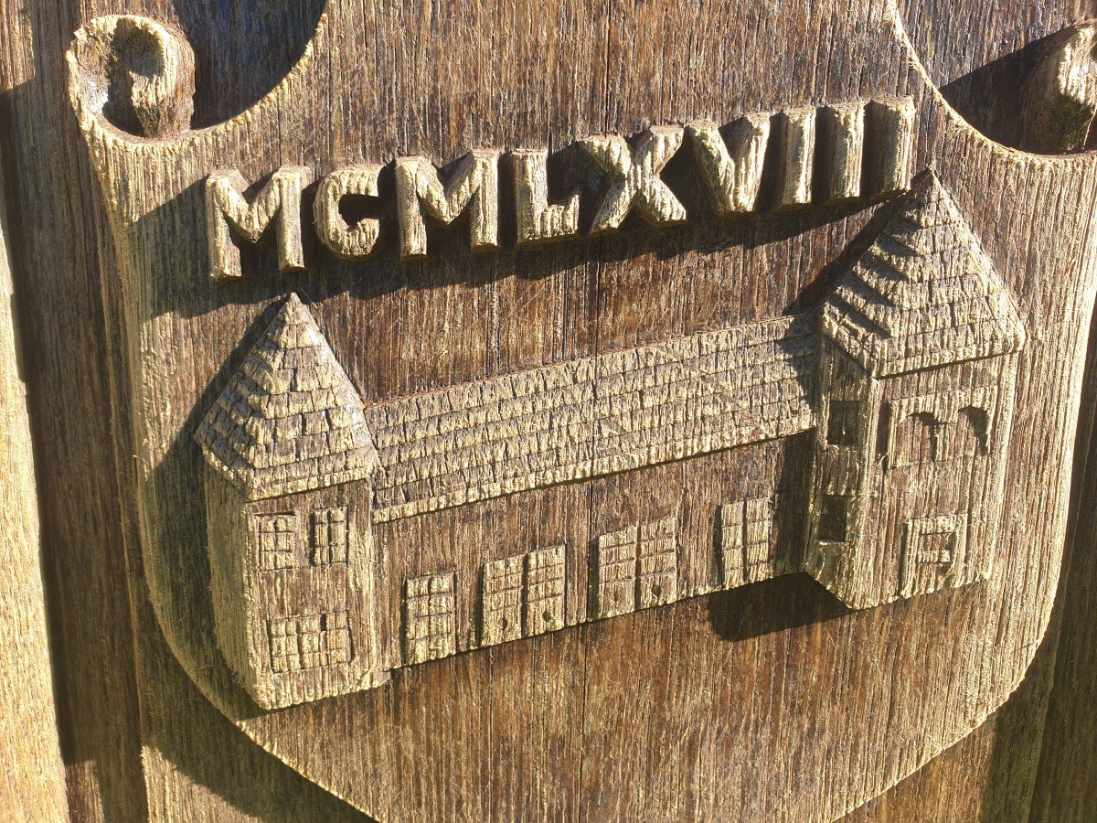 Woodwork - Oak Headboard With Carved And Dated Pattern - 20th Century-photo-2