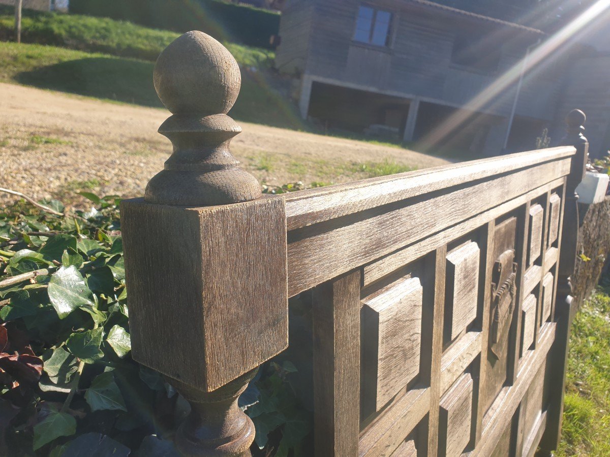 Woodwork - Oak Headboard With Carved And Dated Pattern - 20th Century-photo-5