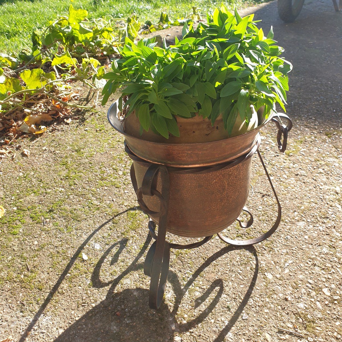 Hammered Copper Pot And Its Wrought Iron Support - 20th Century-photo-4