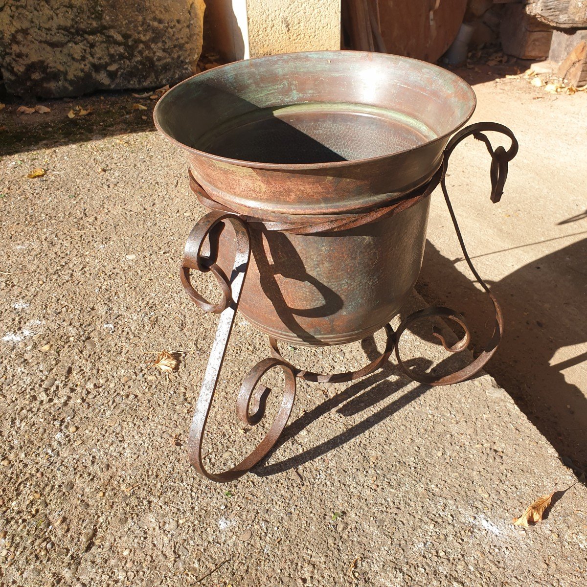 Hammered Copper Pot And Its Wrought Iron Support - 20th Century-photo-4