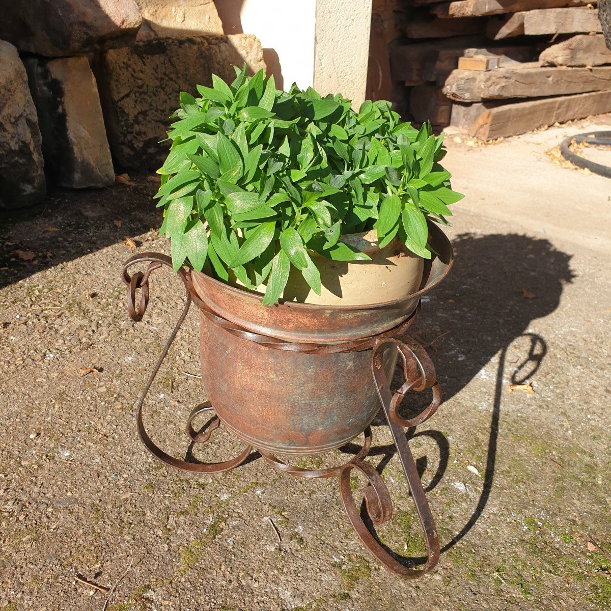 Hammered Copper Pot And Its Wrought Iron Support - 20th Century-photo-5