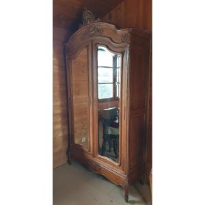 Beautiful Wardrobe With Two Mirrored Doors And Its Carved Cornice - Louis XV Style