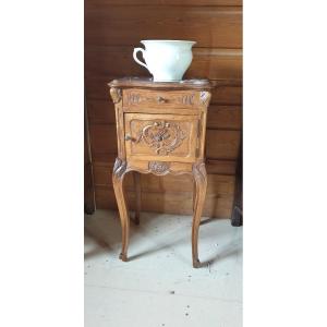 Walnut Bedside Table + Marble Top + Earthenware Commode Early 20th Century